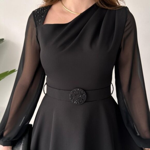 Black Sheer Sleeves Asymmetrical Cut Collar Stoned Midi Dress - S, M - Picture 4 of 5
